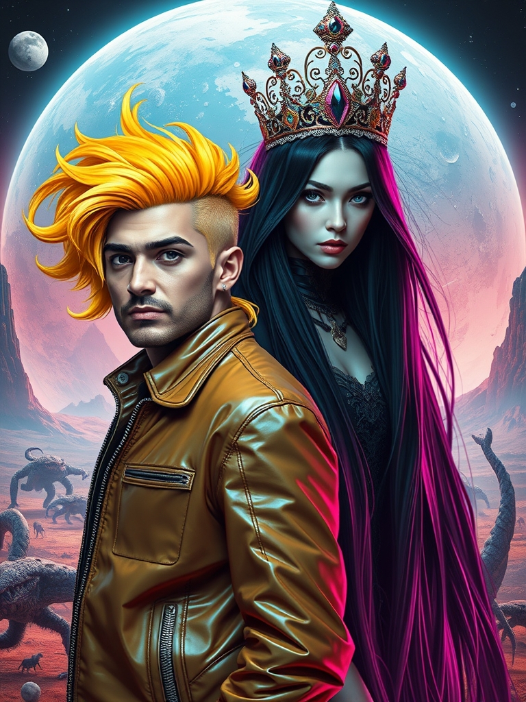 سیاوش با موهای پر پشت و حالت دار زرد و لباس چرم براق و خانوم زیبا چشم یخی و تاج زیبا و موهای بسیار بلند تا روی زمین در سیاره دور شبیه زمین باحیوانات و آدم های فضایی5