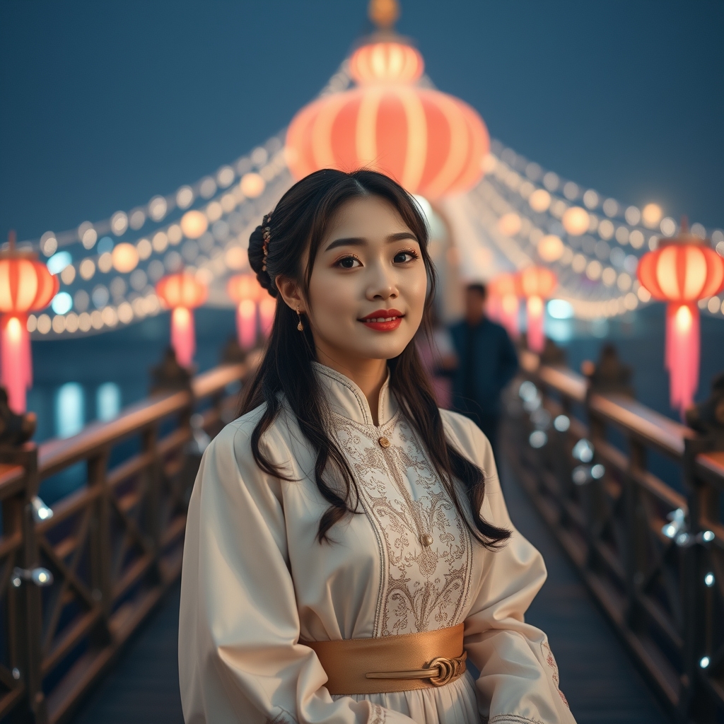 یک دختر 20 ساله کره ای بسیار زیبا با لباس عروسکی در جشن آرزو ها روی پل رویایی🌉🌌🌝🌊🏰🏯🌸10