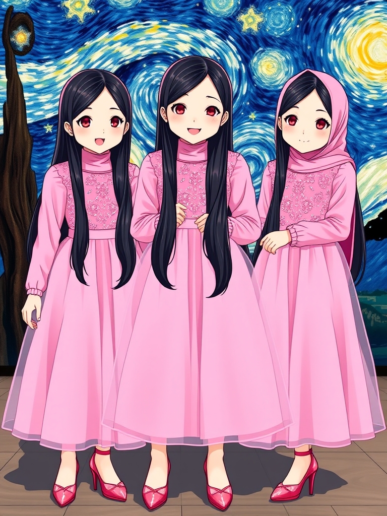 سه قلو ها،سه خواهر سه قلو که شباهت خیلی زیادی به هم دارند و پشت سر آنها نقاشی شب پر ستاره ونگوگ است و هر سه تاشون موهای مشکی و خیلی بلند دارند و لباس هر سه تاشون صورتی و درخشان و دامن دار مانند پرنسس ها باشد که برق می زند و لب های سرخ و لبخندی ملایم داشته باشند و کفش های پاشنه بلند صورتی و براق دارند و انیمه هستند3