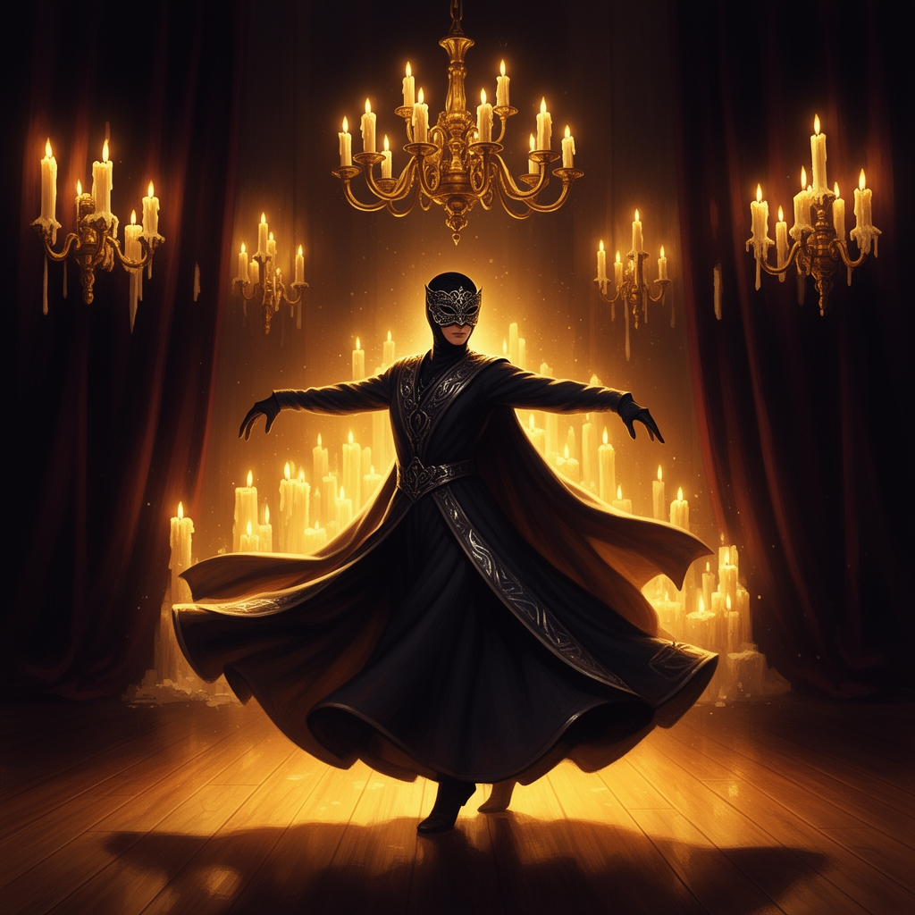 یک رقصنده نقابدار مرموز در حال اجرا در اتاقی روشن با نور شمع.5