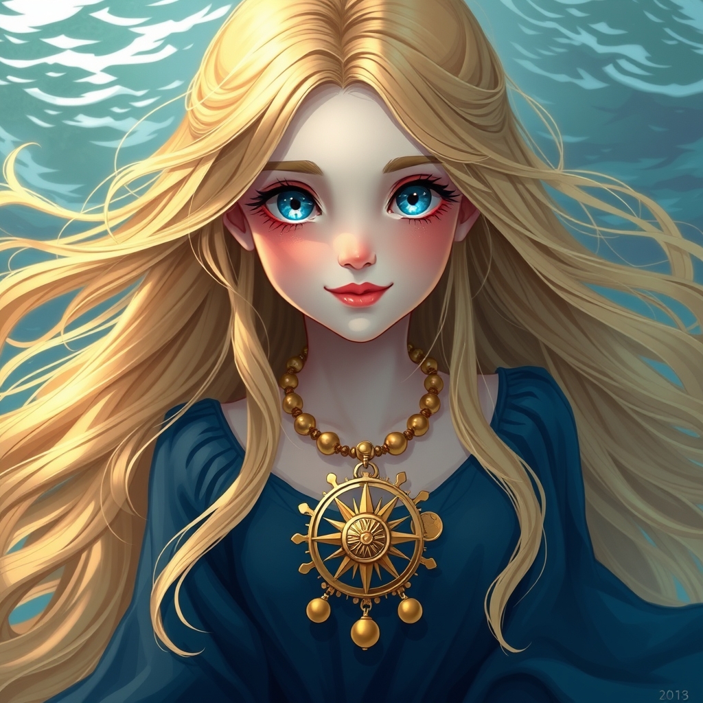 دختری  زیبا با موهای بلند  زرد  وچشم های که مردمک دریا باشد و با پوستی سفید همرنگ برف با گونه قرمز لبی قرمز پررنگ پررنگ  و قلوه ای با لباس  آبی رنگ ملکه دریا ها  و با گردنبدی که نشانه از افسانه خورشید ماه است در گردن او است زیباتر از ان دختر در جهان نیست و با خنده بر ما نگاه می کند3