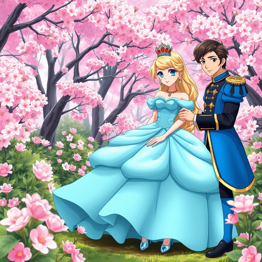 باغ پر از درختان شکوفه های بهاری صورتی وسفید
و یه شاهزاده دختر با یک لباس پف پفی بزرگ و آبی فیروزه ای و انگشتر و گردنبند طلا و دست و صورت سفید و کفشهای پاشنه بلند یخی زیبا و رژ لب ملیح و و ابروهای پرنسسی و چشمان رنگی و موهای بلوند.
و یک شاهزاده پسر با لباس شاهزادگی آبی مشکی و چهره ی خاص که دارد به شاهزاده دختر هدیه می دهد.6