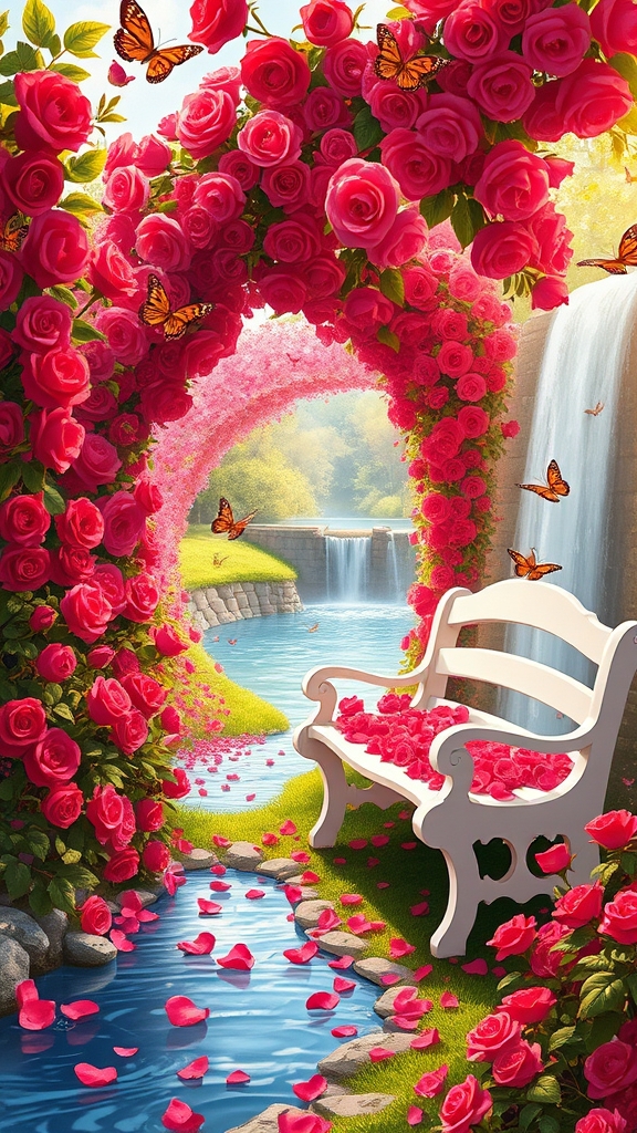 باغ گل سرخ یک تونل گل سرخ در کنار رود و آبشار روزی درخشان بهاری پر از پروانه درخشان یک نیمکت سفید پر گلبرگ ها گوشه کنار گل سرخ هستش
10