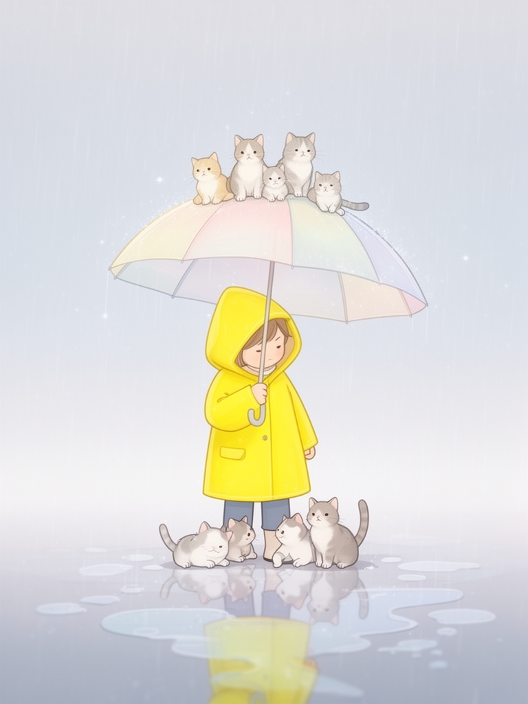 تصویری در سبک کارتونی شاعرانه با رنگهای لطیف و فضای بارانی؛ شخصیت کودکانهای با لباس بارانی در حال تعامل با چند گربهی کوچک، در محیطی آرام و خیالانگیز. گربهها روی چتر و کنار پای کودک نشستهاند، با انعکاسهایی در آب و حس بازیگوشی و همدلی. ترکیب عناصر طبیعت، باران، و حیوانات خانگی با تأکید بر آرامش، تنهایی دلنشین، و ارتباط عاطفی با محیط. فضای کلی باید حس لطافت، امنیت، و خیالپردازی کودکانه رو منتقل کنه. خیلی مینیمال باشه 1