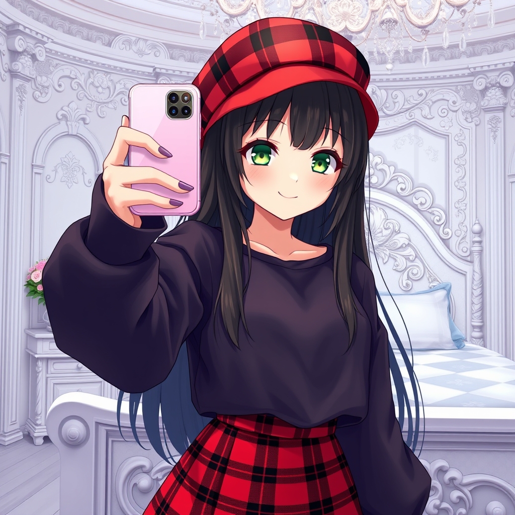 یه دختر انیمه ای زیبا که گوشی رو به دروبین باشه و قاب گوشی رنگی پاستلی باشه. خصوصیات دختر: چشم های سبز، موهای مشکی بلند، ارایش داشته باشه. استایل: کلاه چهار خونه ای قرمز و مشکی سرش باشه با لباس مشکی و دامن چهار خانه ای مشکی و قرمز. با جوراب شلواری. دختر لبخند بزنه. در فضای یک اتاق خواب زیبا با کلی جزئیات زیبا و لوکس سفید11