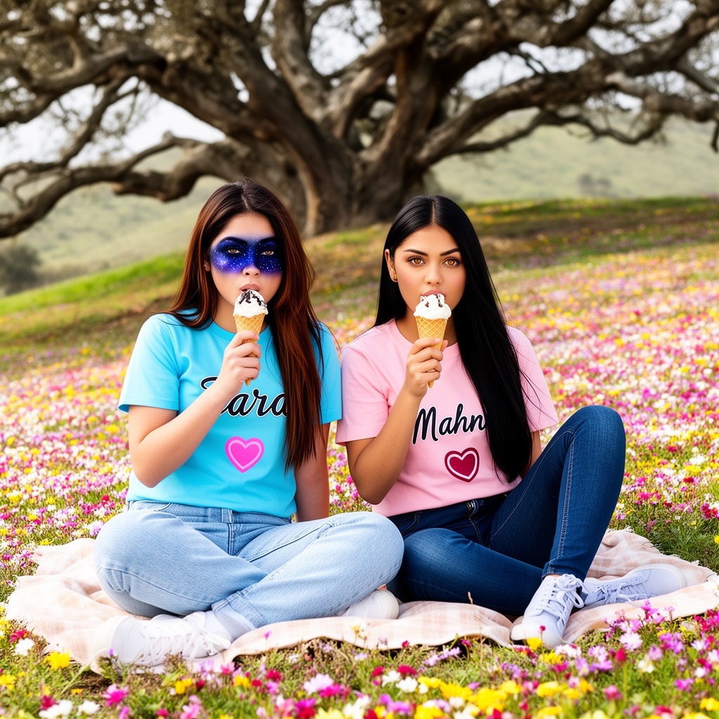 دو دختر به نام تارا و محنا که با هم دوست هستند   تارا : تیشرت  آبی آسمانی   روی آن  تیشرت تارا به نگلیسی نوشته و شلوار لی  آبی آسمانی که روی شلوار قلب صورتی داره  و با چشم های آبی آسمانی تیره کهکشانی و مو های بلند عسلی تیره و مشکی 

محنا : تیشرت صورتی که روی آن اسم محنا به انگلیسی نوشته شده و شلوار لی آبی تیره که روی اون قلب داره
با چشم های عسلی روشن و موهای  بلند مشکی 


پس زمینه یک تپه پر از گل و یه درخت کهنسال و تارا و محنا آمدن پیک‌نیک و دارند بستنی می خورند .11