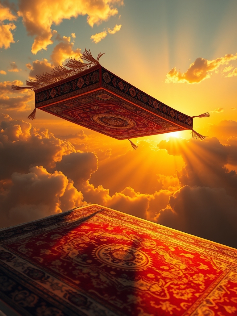 یک قالی ایرانی که به یک قالی پرنده جادویی تبدیل می‌شود، در آسمان غروب طلایی.18