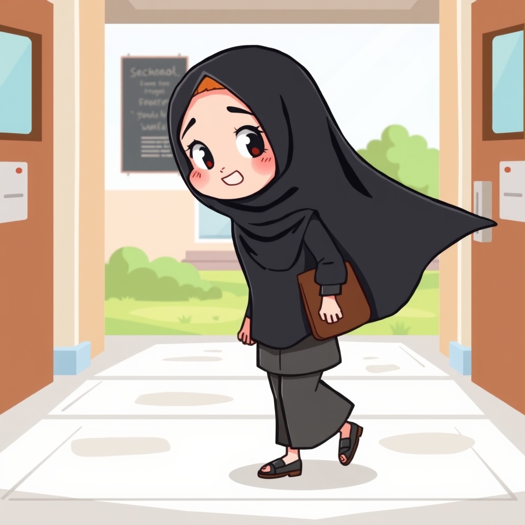 ۱ ی دختر محجبه که با چادر مشکی داره به مدرسه وارد میشه با چهره کارتونی
12