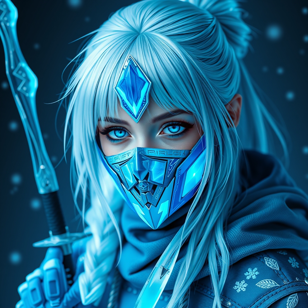 یک دختر زیبای یخی با موهای سفید و ماسک آبی و سفید و شمشیر های یخی و چشم های آبی 9