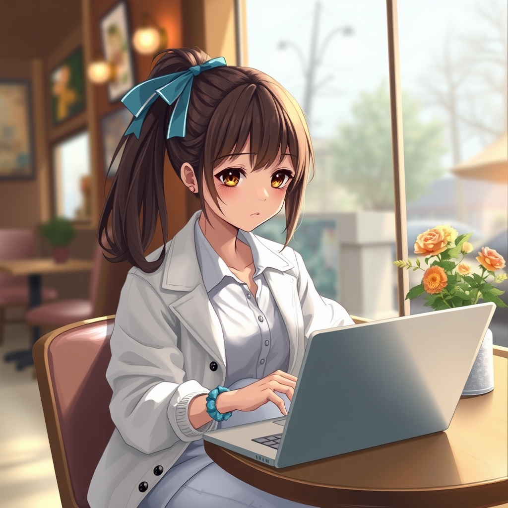 
profile-pic
可愛い女の子が欲しいです。髪はコーヒーブラウンで、青いリボンでまとめていて、白い服を着て、その上に白いジャケットを羽織っています。ジャケットのボタンは開いていて、白いズボンを履いて、青いブレスレットを身につけています。そして、素敵なカフェでノートパソコンを使っています。
 シーンは詳細が豊富で、女の子は少し憂鬱な感じですが、あまり強くはありません。8
