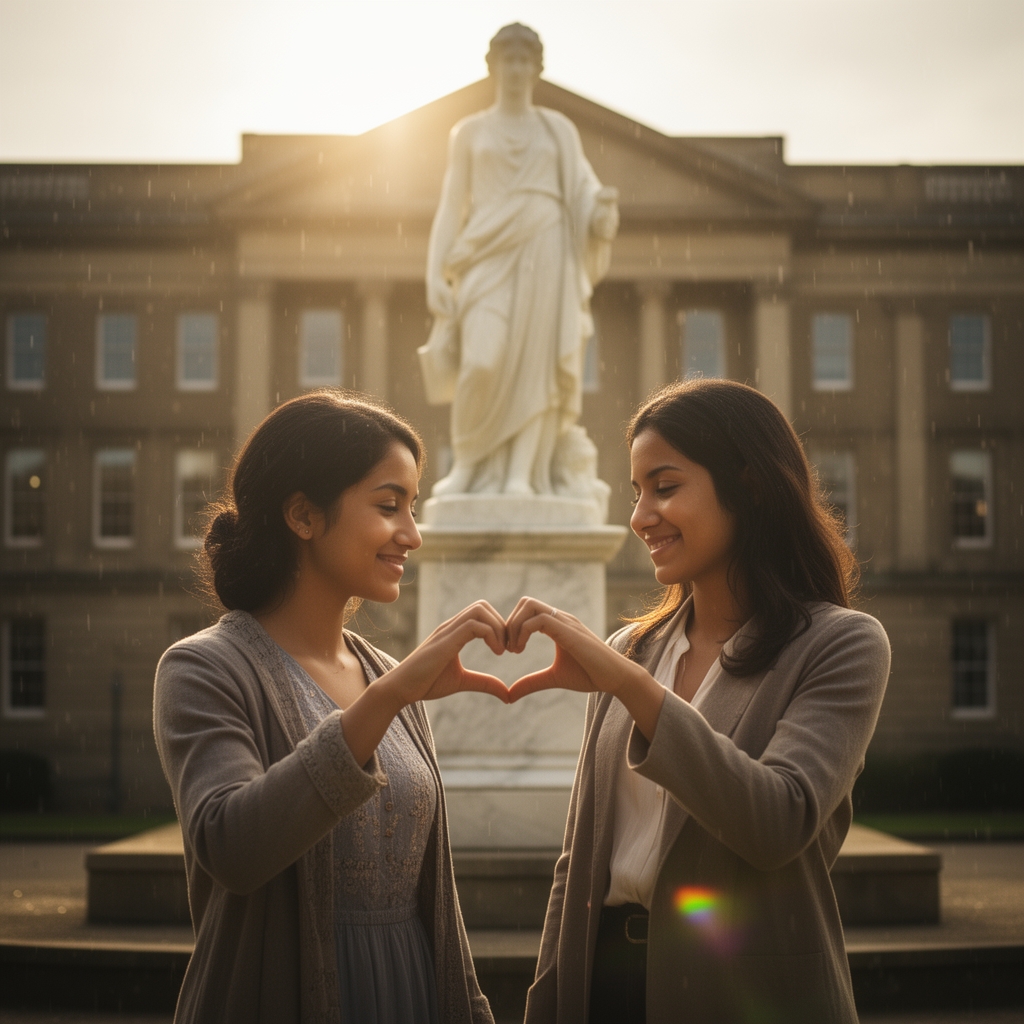 عکس ونزدی و ایند که با دستشان قلب درست کرده آمد و جلوی مجسمه یک مدرسه هستند🥹🩵👩❤️👩🌩️1