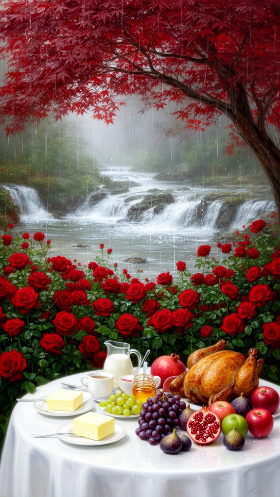 در باغ بارانی پر گل سرخ زیر سایه یک درخت با برگ های سرخ یک میز سفید صبحانه پر نان کره خامه عسل انگور انار سیب انجیر مرغ بریان و رودها و آبشارها جاری ست5