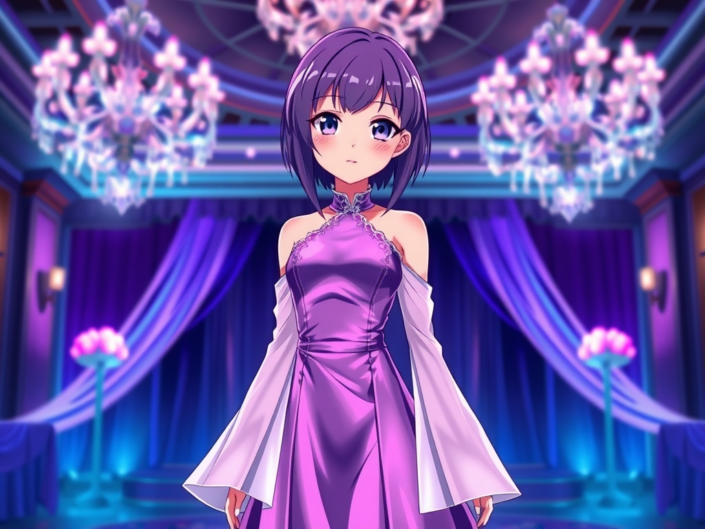 یه دختر با مو ها و چشم های بنفش با یه لباس مهمونی زرق و برقی باموهای بلند لخت
5