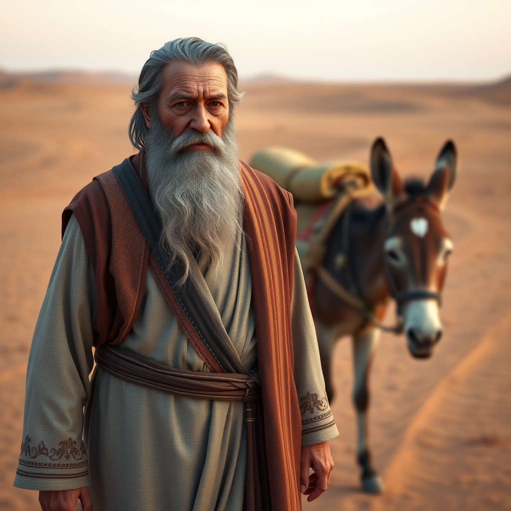 یک مرد میانسالی با لباس هایی قدیمی و ریش های نسبتا بلند و قد بلند با نوری در پیشانی اش ، که کنارش الاغی است که بر پشت او بار سفر نهاده و در حال عبور از بیابانی خشک و گرم است0