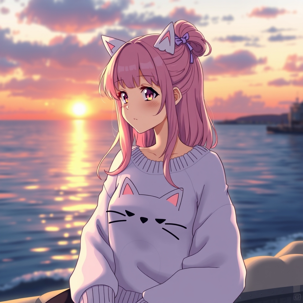 یک دختر پرنسسی که خیلی زیبا است با مو های صورتی لب دریا نشسته و دارد غروب آفتاب را نگاه می کنند ویک شنل گربه ای رو پوشیده است3