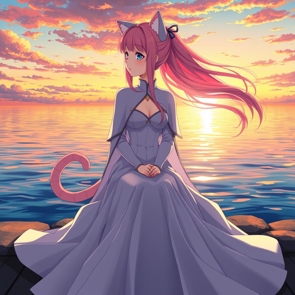 یک دختر پرنسسی که خیلی زیبا است با مو های صورتی لب دریا نشسته و دارد غروب آفتاب را نگاه می کنند ویک شنل گربه ای رو پوشیده است5