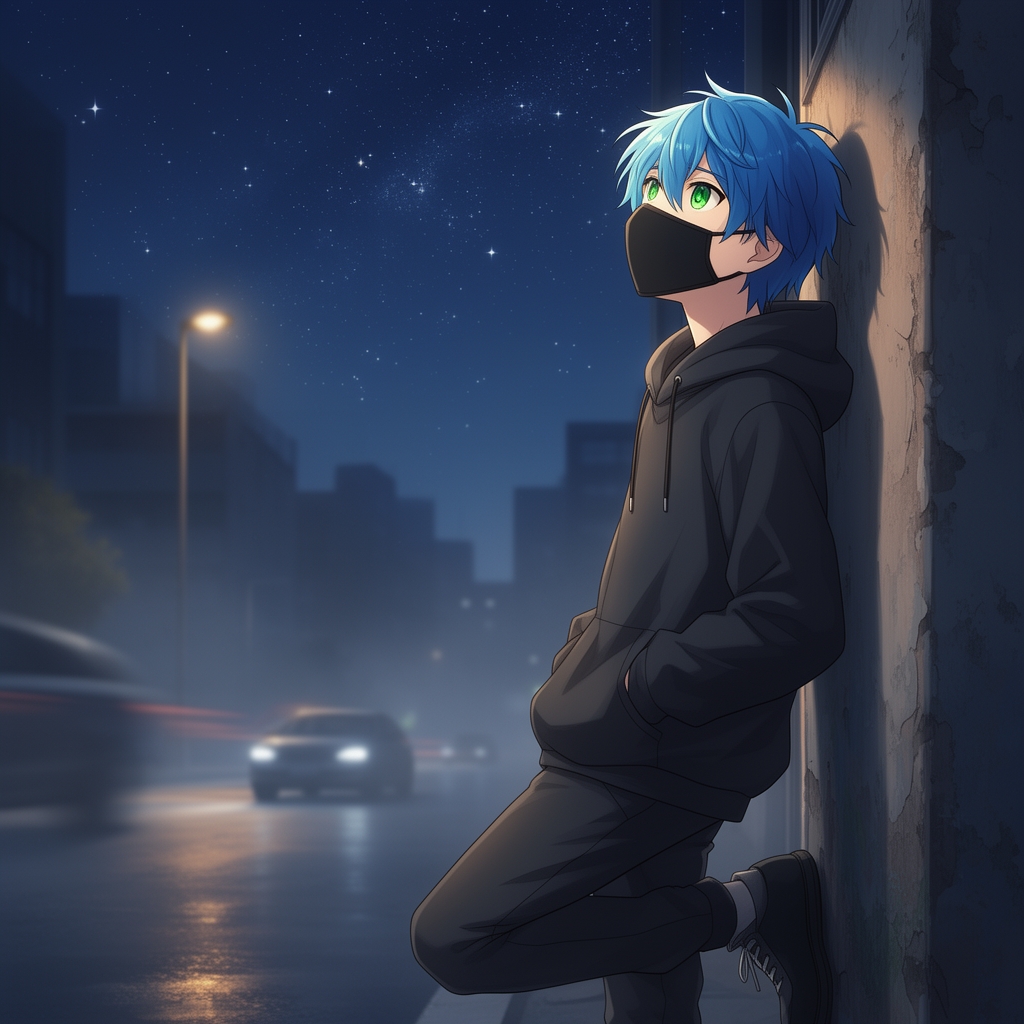 یک پسر بچه زیبا با موهای آبی و چشمان سبز 
ماسک مشکی زده و به یک دیوار تکیه زده و یک پایش روی دیوار است و دستش در هودی است که تنش است و به آسمان در شب نگاه می‌کند و آن پسر در یک خیابان است که ماشین‌ها می‌روند و می‌آیند اما ماشین‌ها واضح نیستند1