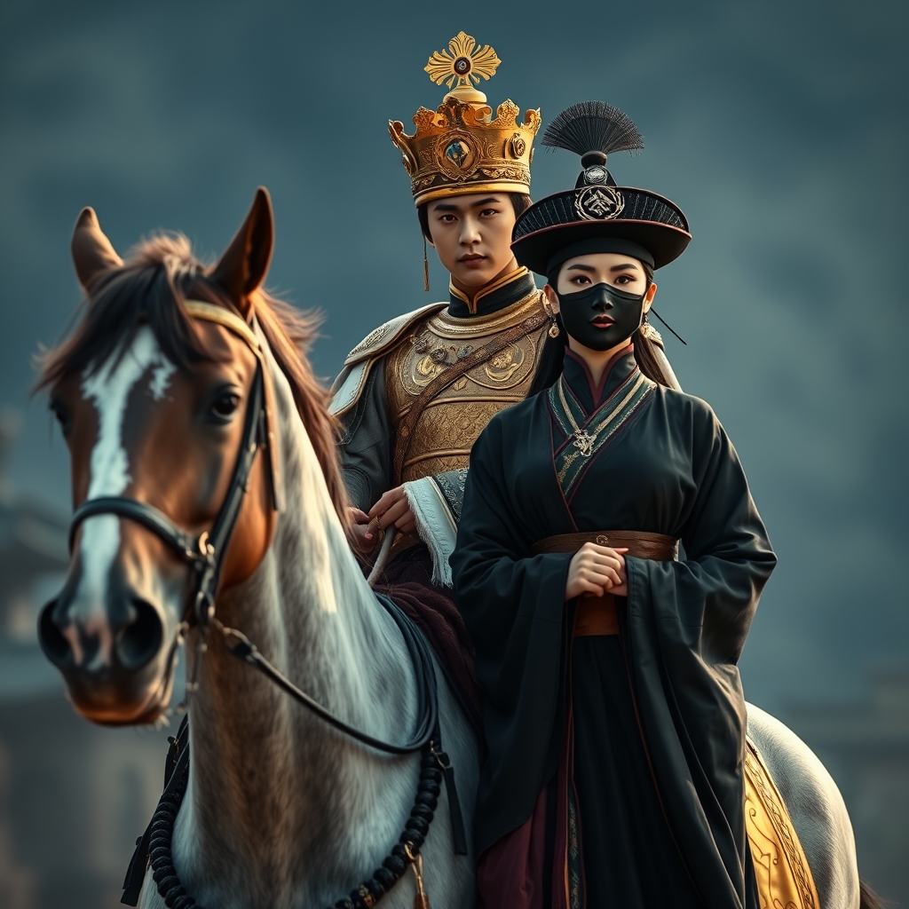 ولیعهد کره با لباس طلایی جوان سوار بر اسب با لباس کره ای در حالی که زنی کره ای زیبا که لباس های بلند پارچه ای سیاه پوشیده و ماسک چرمی دارد و کلاه چینی سیاه روی سرش است کنارش ایستاده16