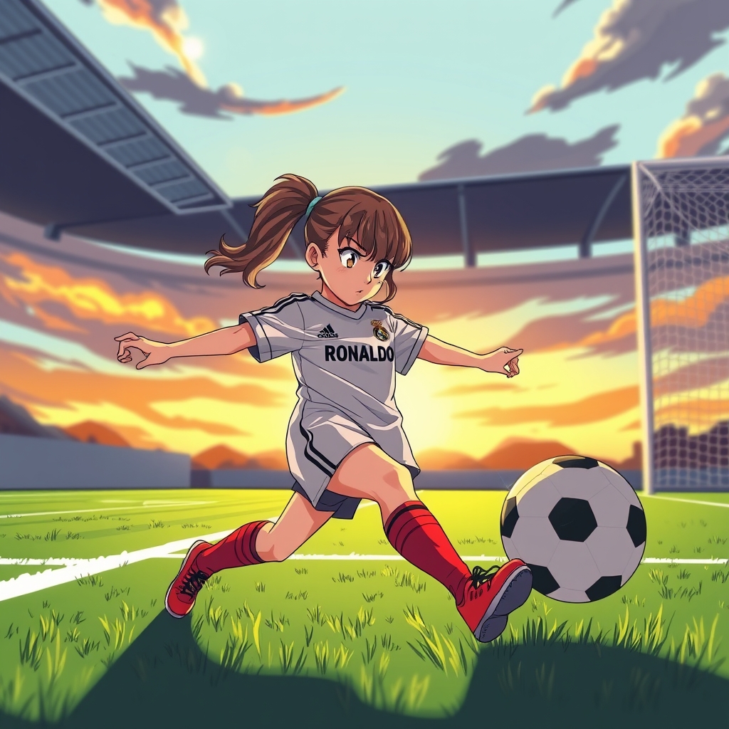 دختری با لباس رونالدو در حال پنالتی زدن 6