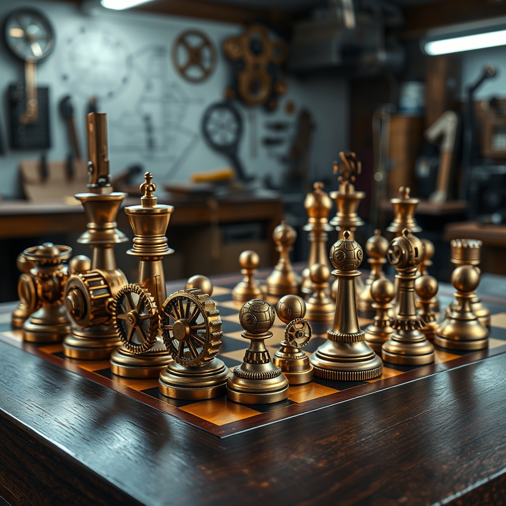 یک صفحه شطرنج به سبک استیمپانک با مهرههایی به شکل چرخدندهها.3