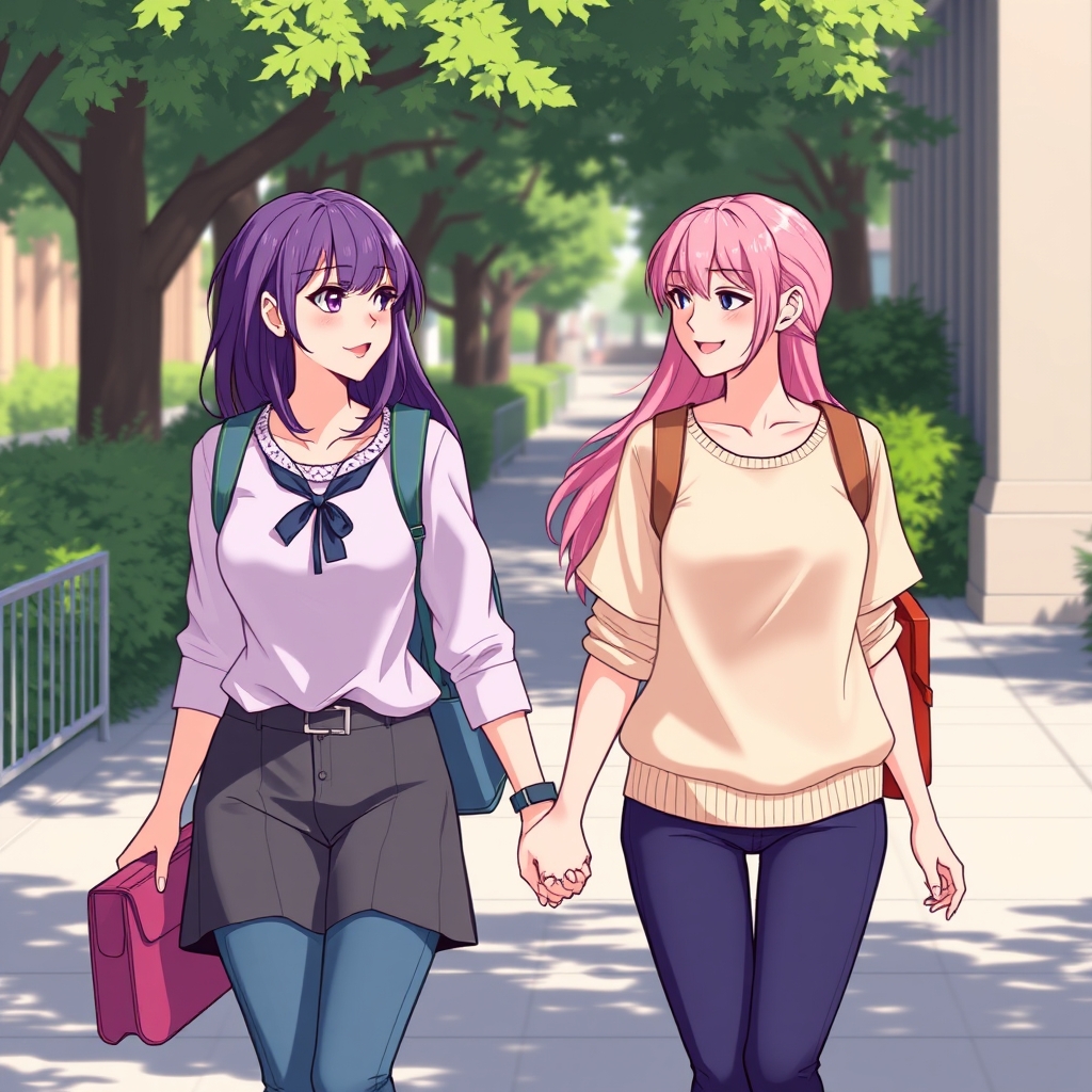 دودوست دختر دست دردست هم که یکیش موهاش بنفش واون یکی صورتی که از مدرسه بر میگردند 0