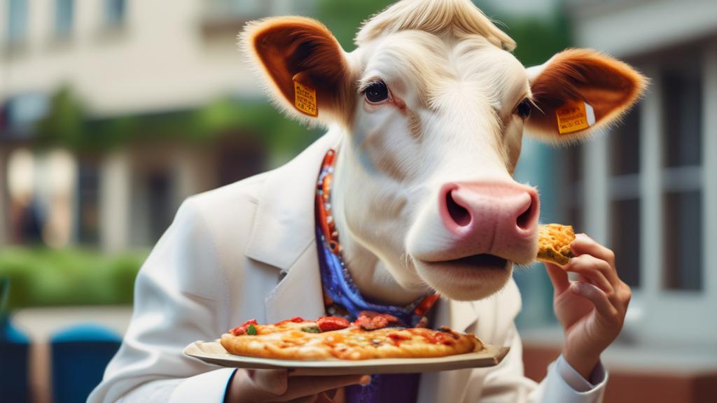 گاو با کت شلوار در حال خوردن پیتزا0