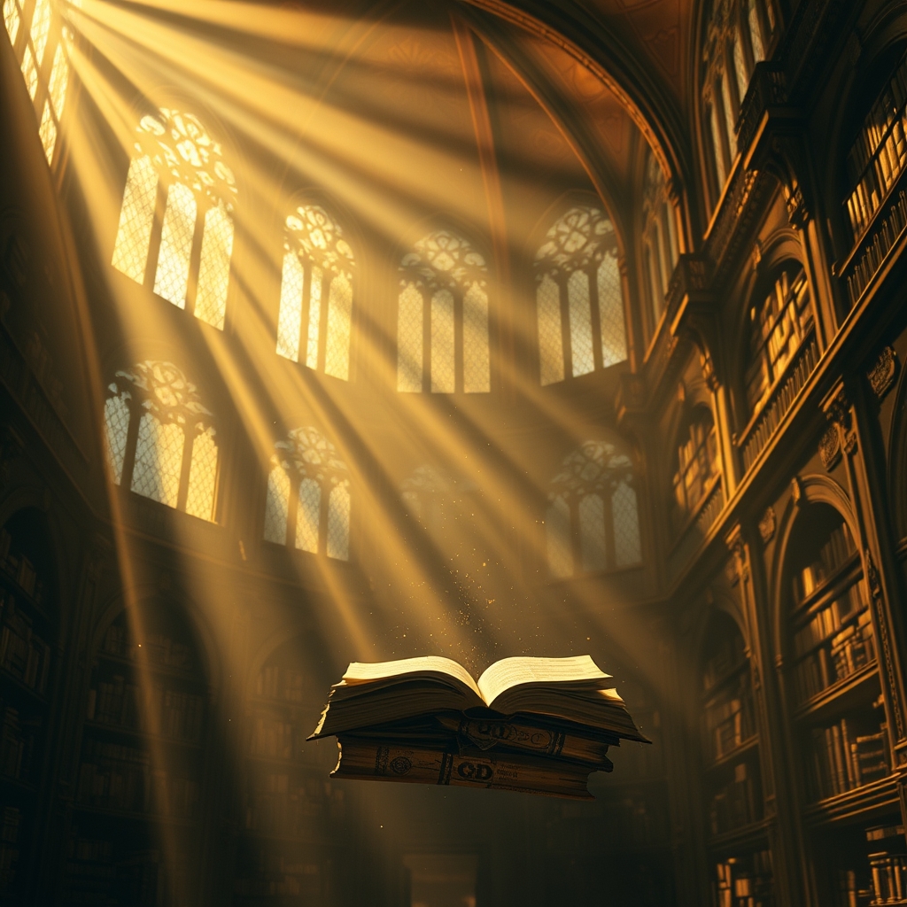 یک کتابخانه خیالی با کتابهایی شناور در هوا، روشنشده با نور طلایی.17