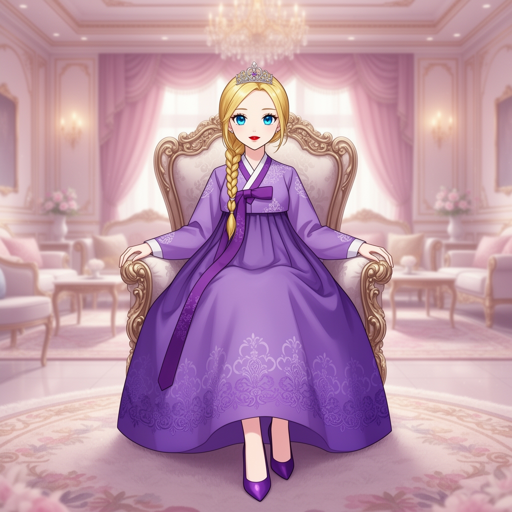 دختری با چشم های آبی موهای  زرد  بافته شده با رژ قرمز ملایم با لباس هانبوک بنفش در اتاق استراحت پرنسس  روی صندلی بسیار زیبا  نشسته است پر فیس و عفاده و با پوست سفید و کفش پاشنه بلند بنفش 0