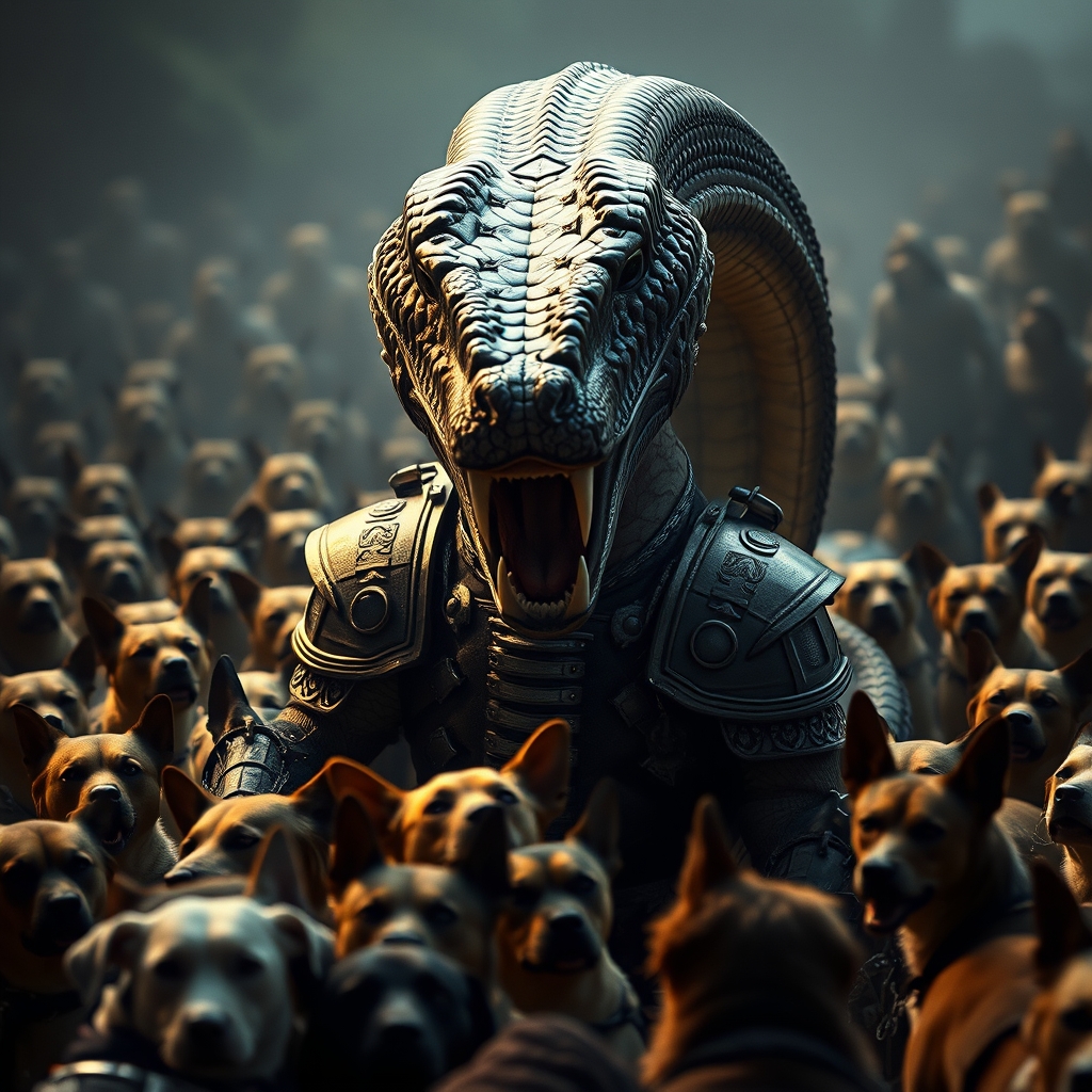 تصویری از یه مار خیلی بدنساز با بدنی بزرگ و جمع شدن سگ های زیادی در دور و برش و زره داره ماره و نیشش به نمایش میزاره12