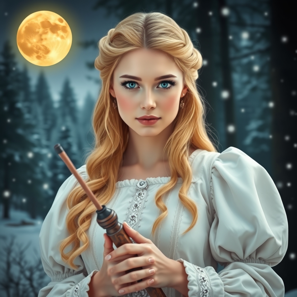 زیباترین بانو در جهان حتی در رویایی که شکوه خدا را داشته باشد که با چشمانی ابی باشد و با موهای زرد عروسکی بلند حالت دار باشد که با لبانی سرخ و با گونه‌هایی سرخ باشد و با پوستی سفید که لباس سلطنتی آستین پفی پفی سفید زیبایی بر تن داشته باشد که تیر کمانی در دستانش باشد
وپشت سرش جنگلی زیبا باشد و برف هم در حال باریدن باشد وماه طلایی در اسمان باشد ببینیم رویایی چیکار می‌کنه 5