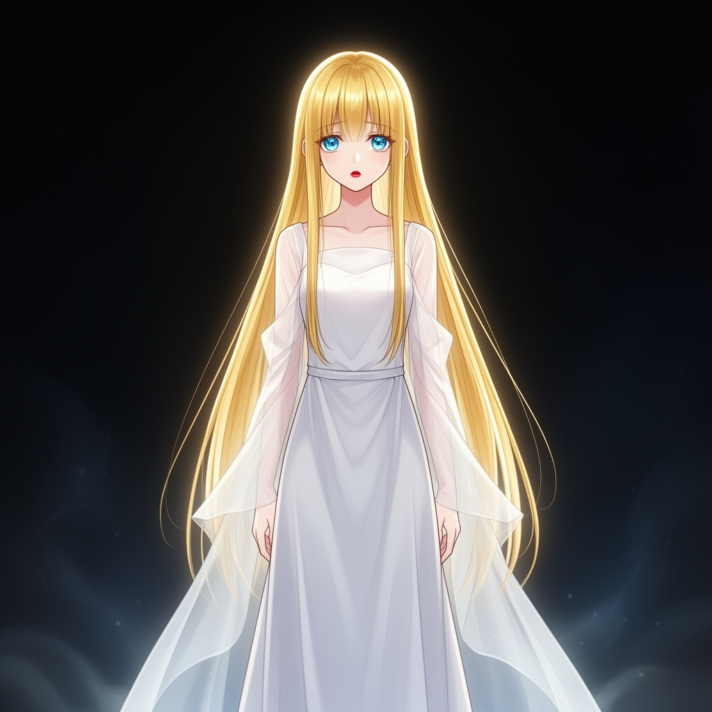 این دختر با موهای طلایی و صاف و بلندش،مانند نوری در تاریکی به نظر میرسد. چشمان آبی او،مانند نور های ستاره امیدواری در دل تاریکی میدرخشند و حس آرامش را ایجاد میکنند.پوست روشنش در هماهنگی با دنیای اطرافش است و لبهای سرخ او،جذابیت و زیبایی را به تصویر میکشند.او به نظر میرسد از دنیای دیگری آمده باشد،جایی پر از زیبایی ها.هر قدمش زیبایی را در دلها میکارد.نگاهش نشانههایی از دردی که مخفی میکند دارد.او یک لباس سفید بلند که روی آن روپوش توری آستین دار سفید قرار داده که روی زمین کشیده میشود.0