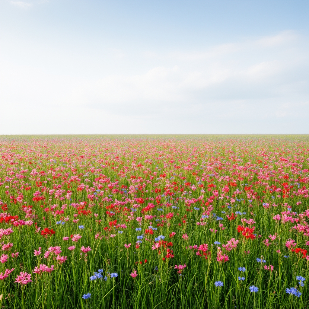 یه جای پر گل صورتی و قرمز با شکوفه های آبی از دور دشت های سبز چمنی اسمون ابی کم رنگ با حاله های نور سفید3