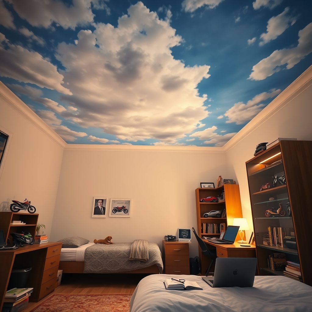 یک آتاق خواب نو جوان سقفش عکس آسمون و ابر یک تخت ساده و شیک ویترین پر از موتور و ماشین میز تحریر که روش کتب لبتاب و... دارد کنار تخت یک آباژور که از بابا نوعل هست باشد 18