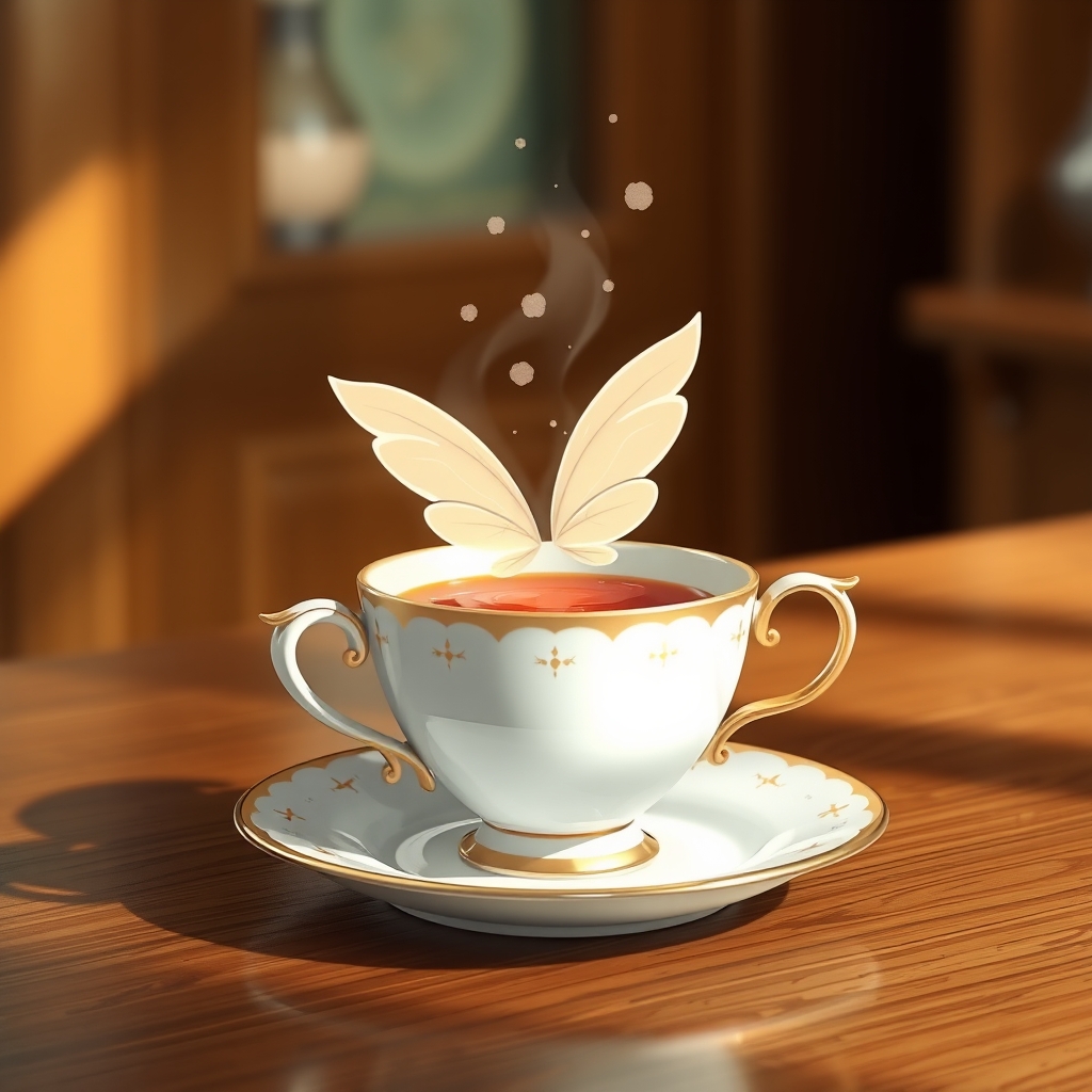 یک فنجان خیالی با بال‌های کوچک پری، شناور بالای یک میز چوبی صیقلی.2