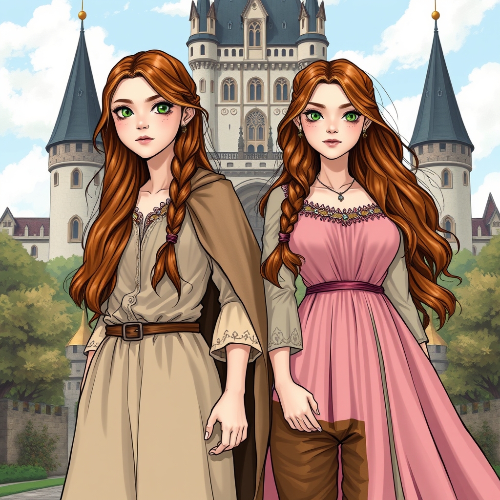 دو خواهر دوقلو ۲۰ساله که در کنار یکدیگر ایستاده اند و هر دو موهای فندقی موجدار بلند دارند و با چشمهای سبز زمردی 
خواهر سمت راست افسونگر است و کک و مک های کوچکی روی صورت او دیده می‌شود و لباس او لباسی مندس و شنل است و شلواری قهوه ای مندرس و دختر موهایش را بافته 
خواهر سمت چپ ساحره درمانگر است و پوستی صاف دارد ولباس او لباسی فاخر ملکه است و رنگ آن صورتی است و موهایش باز است 
با پس زمینه ی قصری بزرگ و زیبا پشت سرشان21