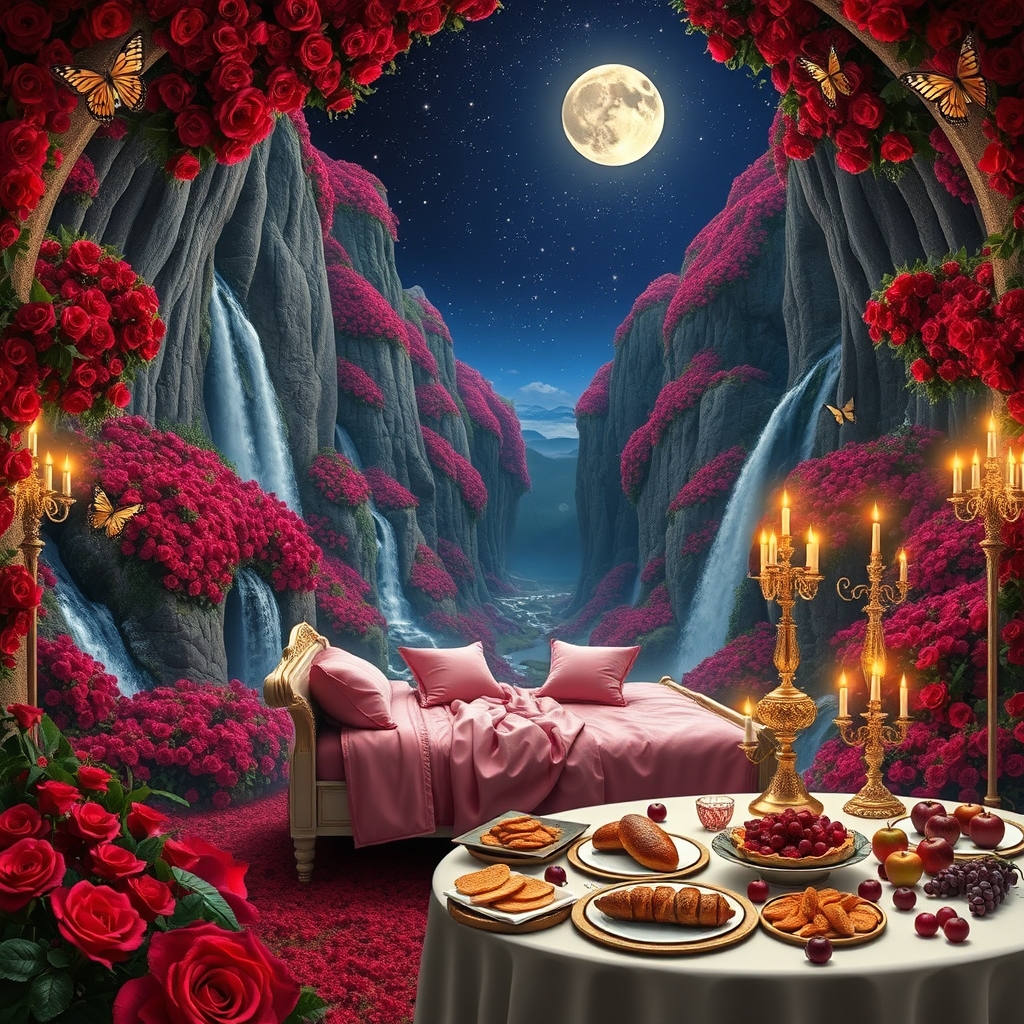 شب مهتابی پر از ستاره
باغ گل رز سرخ افسانه ای در دل صخره های کوهستانی پوشیده از گل سرخ با در و دیوار و زمین پر از گل سرخ همه جا سرتاپای باغ با رز سرخ پوشیده شده
هزاران آبشار جاری اند
رودها به هم می ریزند
پروانه های درخشان گوشه کنار هستند
زیر تونل های دراز و مسقف از گل رز سرخ
یک تخت خواب سفید طلایی سلطنتی قرون وسطایی با کوسن صورتی و شمعدان های طلا پر شمع
یک میز سفید و طلایی مجلل شام
پر نان کباب مرغ بریان باقلوا میوه سیب انار انگور2