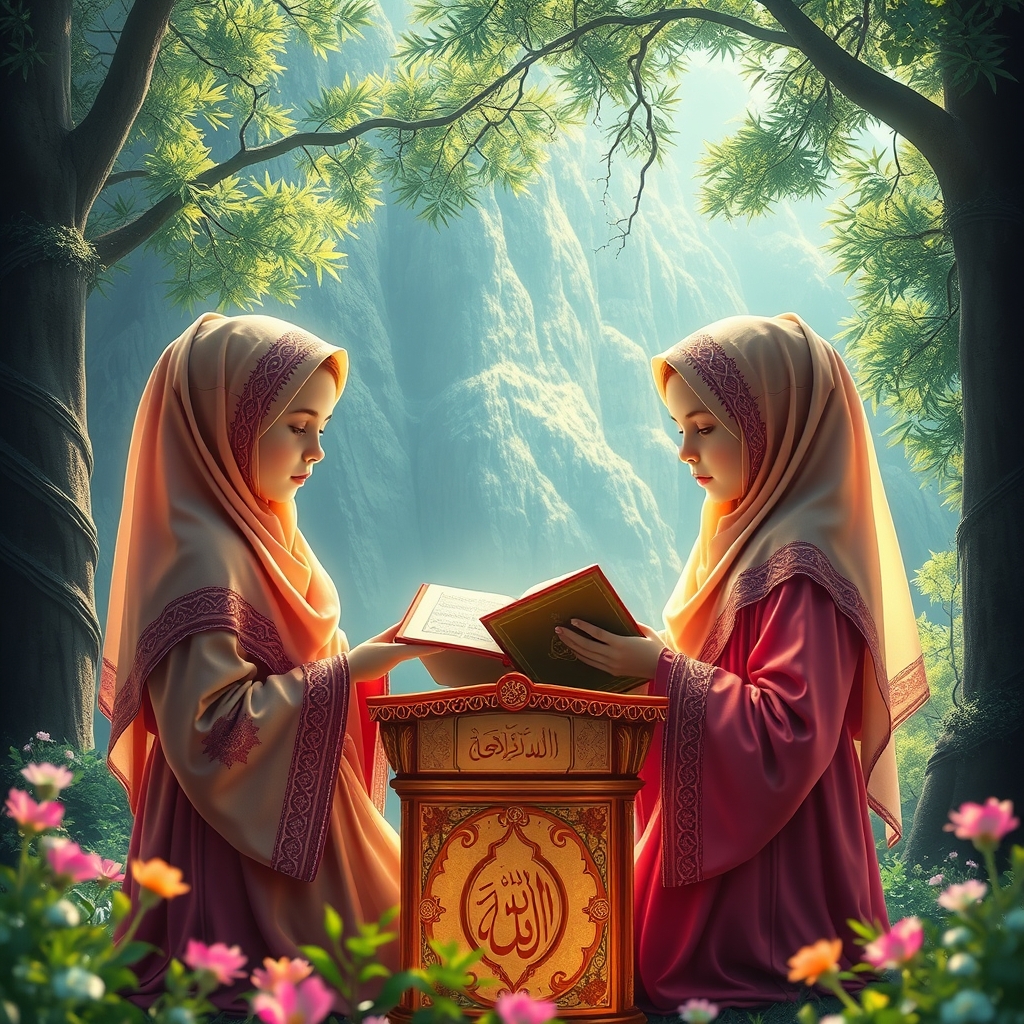 دخترانی زیبا در حال قران خواندن و قران روی رحل ها قرار داره ودر طبیعت بکر هستند 18