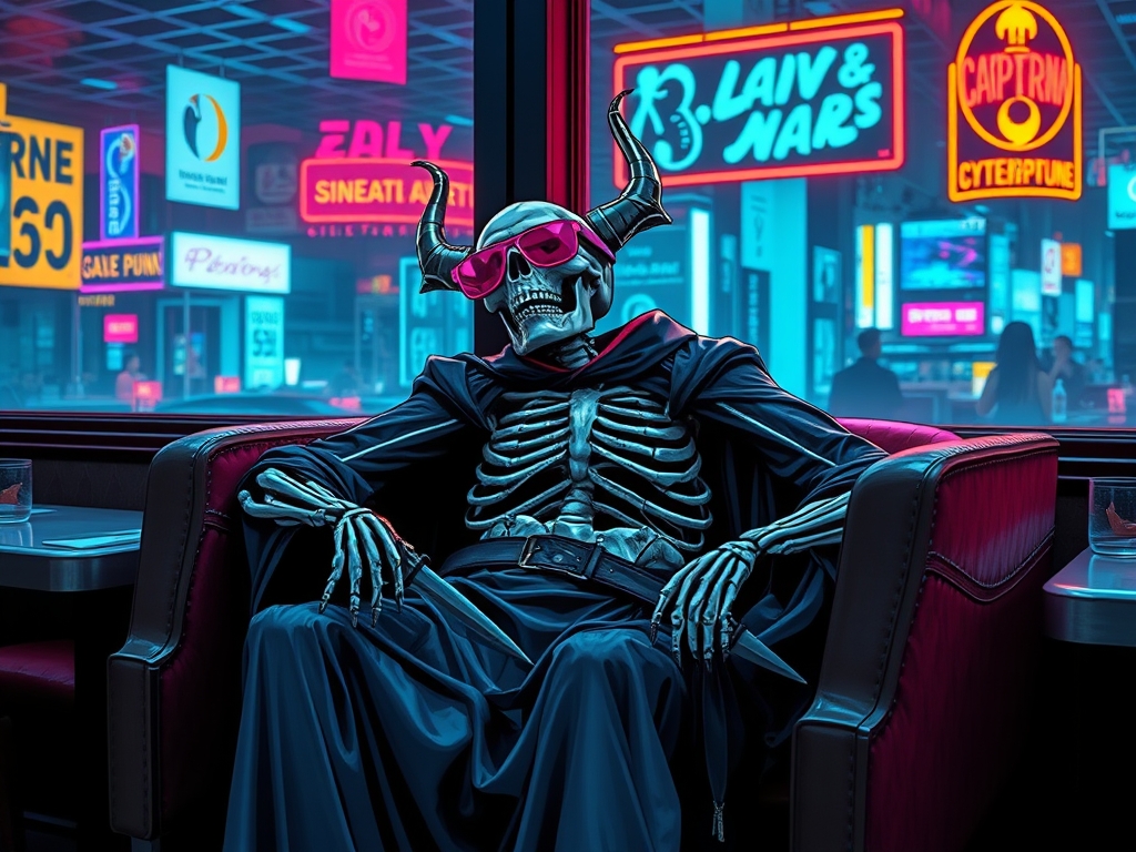 ازراعیل اسکلتی با یک غلاف که در ان خنجرش است با یک عینک صورتی در حال خندیدن با یک لباس مخفی در یک رستوران در خواب بر روی دو صندلی به هم چسبیده شده22