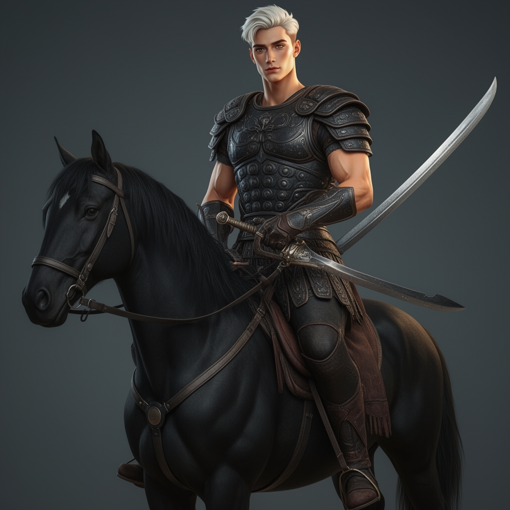 این عکس را یک مرد جوان قدر بلند و بدنی عضلانی  و بسیار جذاب و خوش چهره و سوار اسب سیاه و زره جنگی در دوران باستان است و آنقدر دلربا و بسیار زیبا و جذاب است و شمشیر یمنی بر دست بکش 5
