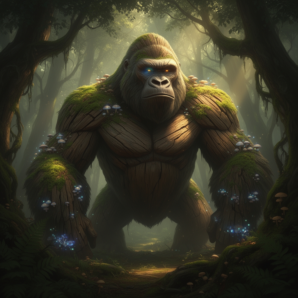 یک گوریل غول پیکر با بدنی از جنس چوب که رگه های چوب روی آن قابل دیدن هست و روی بخشی از بدنش خزه و قارچ های کوچک روییده اند10