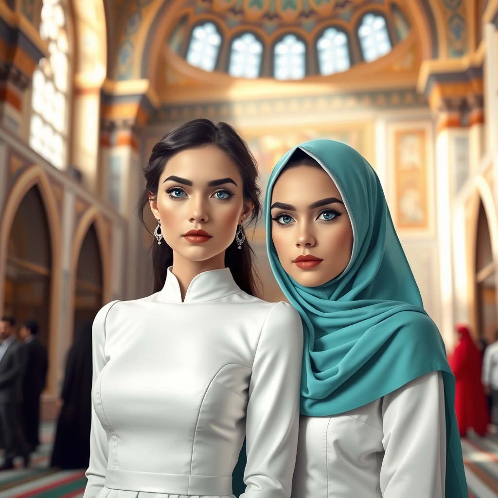 دو تا دختر با چشم های آبی ابرو های کلفت لباس مجلسی سفید با حجاب کامل چادر فیروزه ای داخل حرم امام رضا22