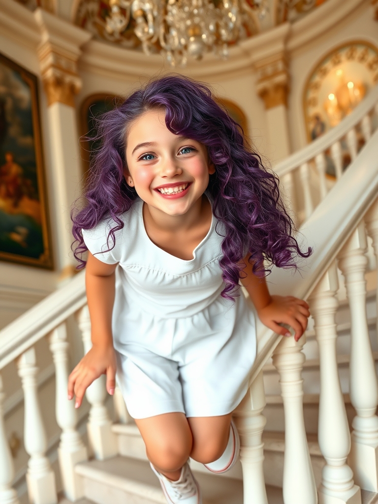 دختری ۱۵ساله با مو های بنفش فرفری ریز و بلند،پوست سفید،گونه های گلگون و چشمان آبی که لبخند بزرگ و پررنگی زده و شیطنت از قیافه اش میبارد،او پیراهن سفید رنگی و کوتاهی(تا زانو) با کتانی های محسوس پیاده روی سفید پوشیده و رژ لب صورتی صدفی زده و در حال سر خردن از نرده ی راه پله ای سفید رنگ در قصری زیبا است12