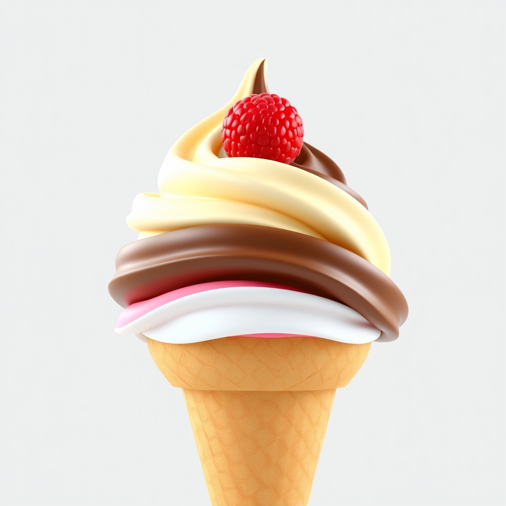 یک بستنی قیفی با طعم وانیلی شکلاتی و توت قرمگی با یک تمشک روش16