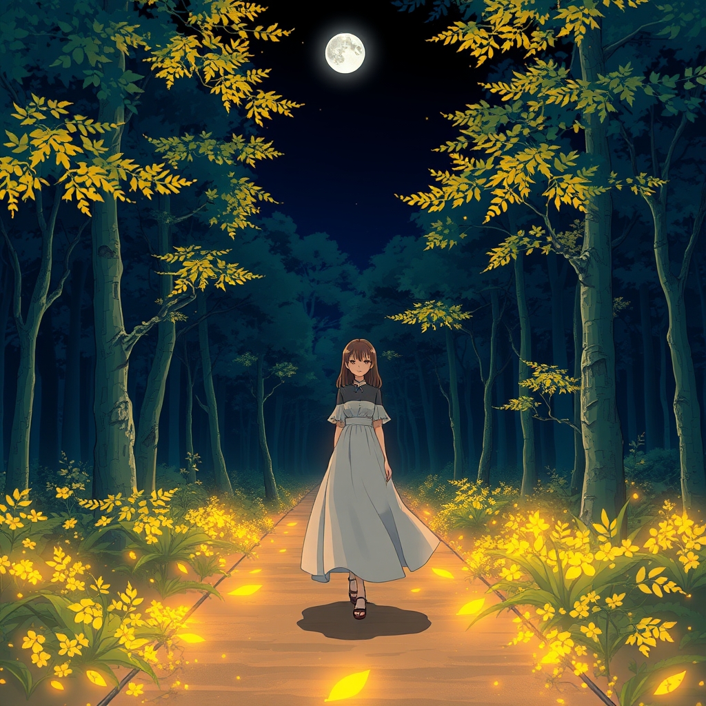 عکس جنگلی نورانی که برگ هایش درخشان هستند که در تاریکی شب دختری زیر نور ماه قدم میزند
11