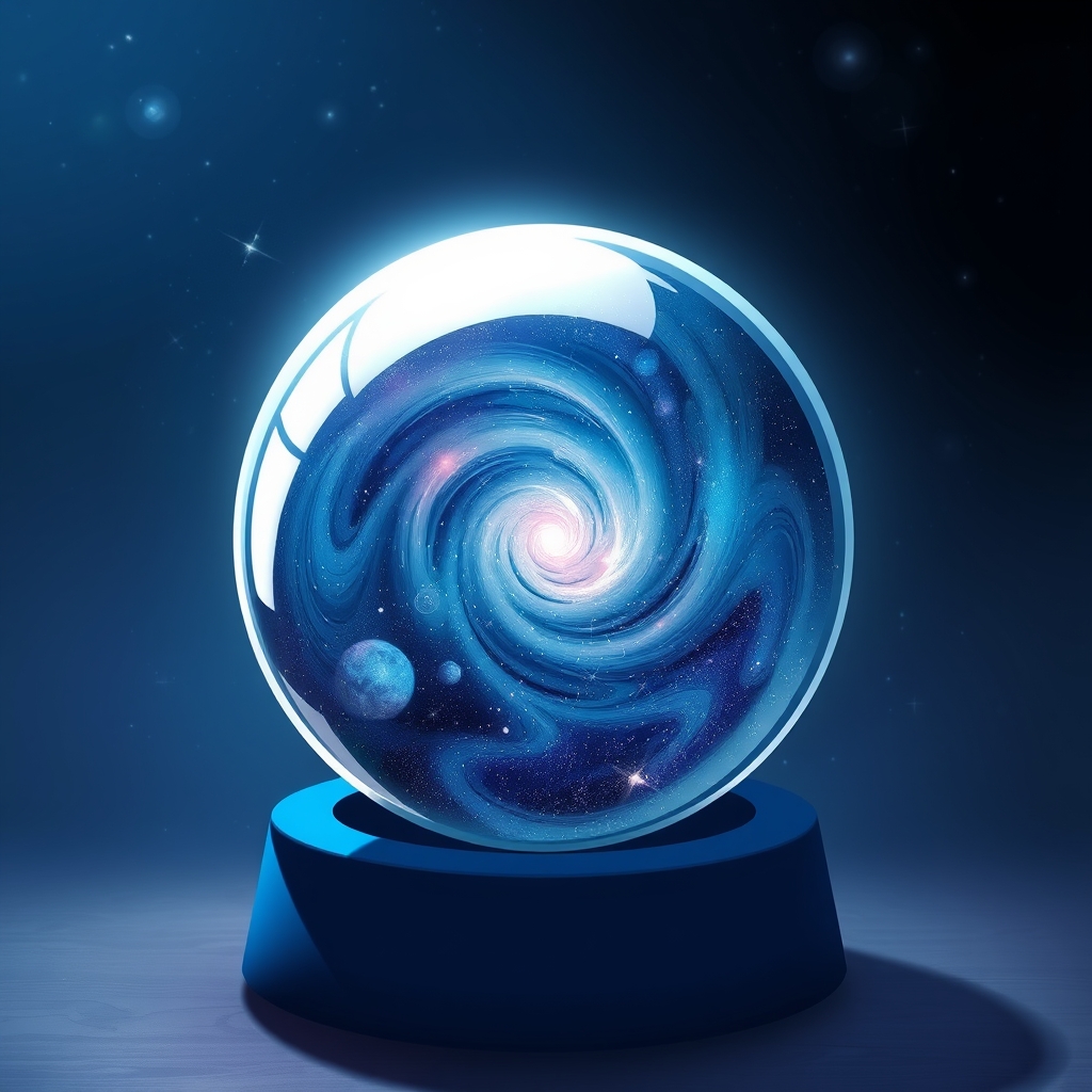 یک کره شیشه‌ای پر از کهکشان‌های چرخان، قرارگرفته روی پایه‌ای مخملی.
8