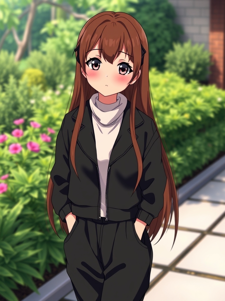 ی دختر انیمه ای بسیار زیبا با پوستی برنزه موهای قهوه ای تا پایین کمرش ابروهای مشکی چشمان مشکی بیتی تقربا کوچک لب های گوشتی با رنگ صورتی و کت تا بالای کمر یعنی کوتاه مشکی دارد و تراپ سفید زیر کت پوشیده و شلوار بگ مشکی هم پوشیده است با کتونی های سفید که در باغی ایستاده16