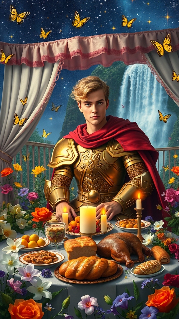 شب پرستاره پر از پروانه های درخشان باغ گلها پر لی لی یم رزهای زرد سفید سرخ صورتی
نیلوفر یاس نسترن نرگس اطلسی
شب بو ارکیده کوکب مریم
بنفشه انگشتری شیپوری
کنار آبشاری بلند و خروشان
جنگجوی جوان زیباروی تاتاری
قد بلند عضلانی زره طلا بر تن دارد
چشم سبز موهای طلایی مجعد
و ردای سرخ بر شانه های ستبرش بازوهای پر حجم عضلانی
بر کاناپه بزرگ سفید با توسن های صورتی زیر سایه بان توری زربفت نشسته
جلویش میز مجلل صبحانه پر نان کباب گوشت مرغ بریان میوه کلوچه باسلوق شیرینی نان خامه ای با تزیین شمع ها گل ها و شکوفه ها
7