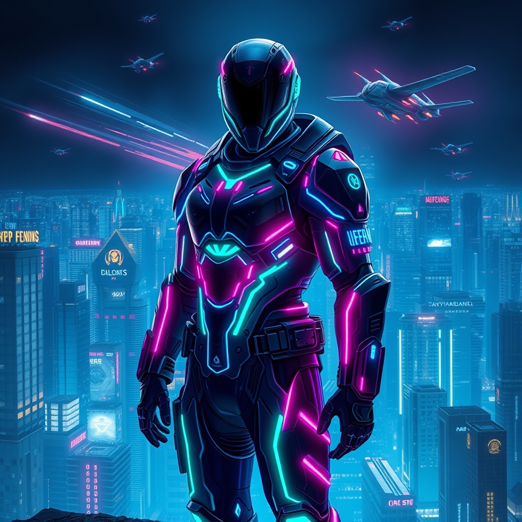 یک جنگجوی سایبرپانک آیندهنگر با زره نئونی، ایستاده در منظرهای از شهر نورانی، پسزمینه شب، با رنگهای زنده و جزئیات زیاد.13