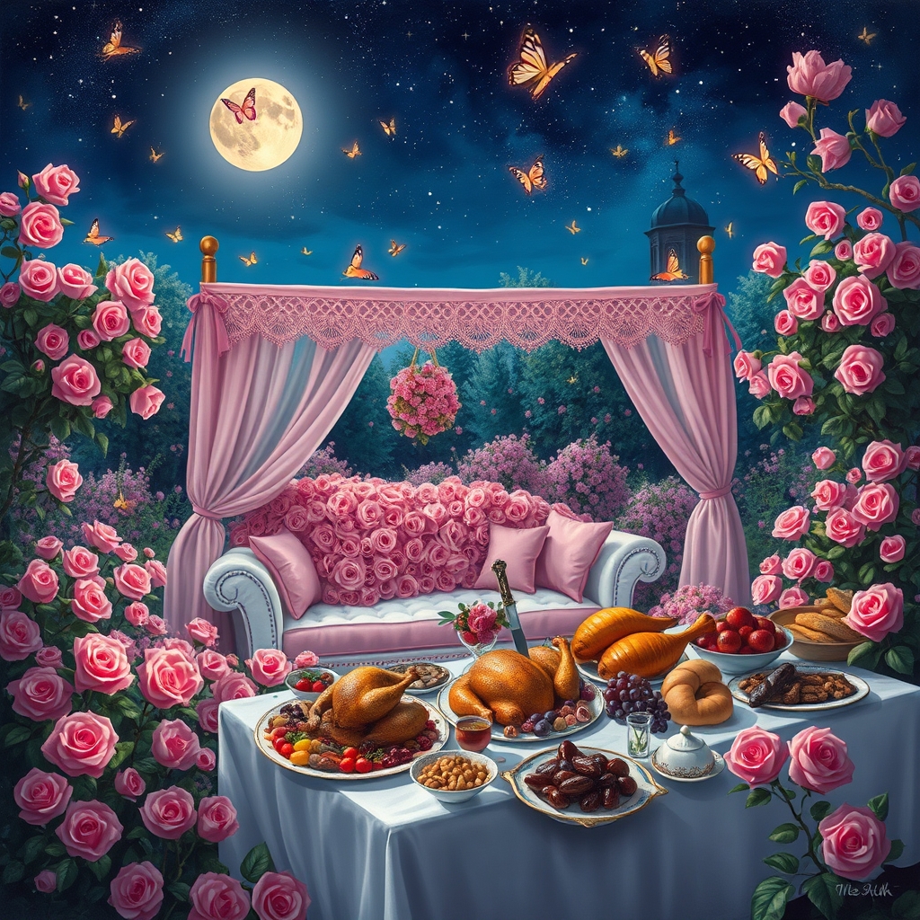 در شب پر ستاره پر از پروانه های درخشان باغ گل رز صورتی در احاطه درختان پر شکوفه سیب یک خیمه توری صورتی یک کاناپه سفید با کوسن های صورتی پر از گل های رز صورتی با میز سفید شام نان کباب گوشت و مرغ بریان آجیل میوه مثل انگور انار خرما با گل رز و خنجر
1