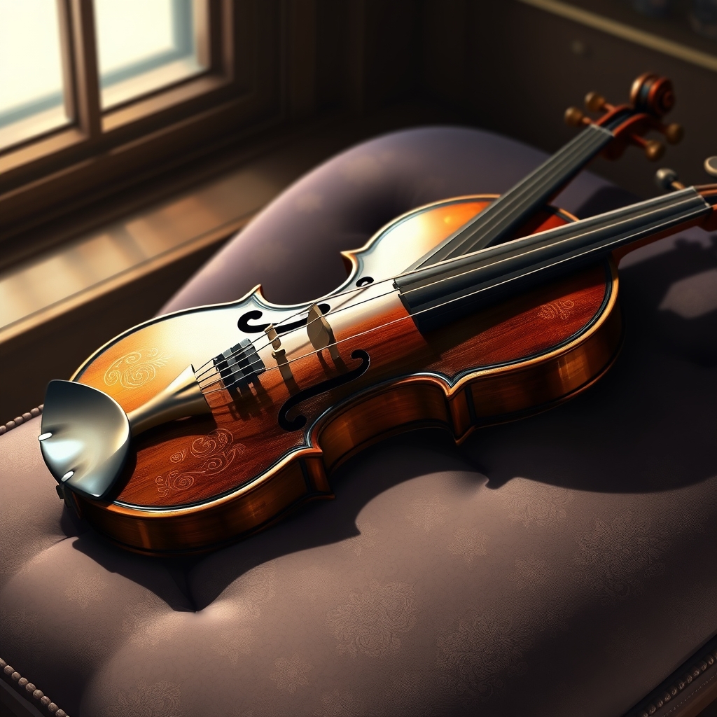 یک ویولن عتیقه با حکاکی‌های طلایی، قرار گرفته روی یک بالشت مخملی زیر نور نرم.21